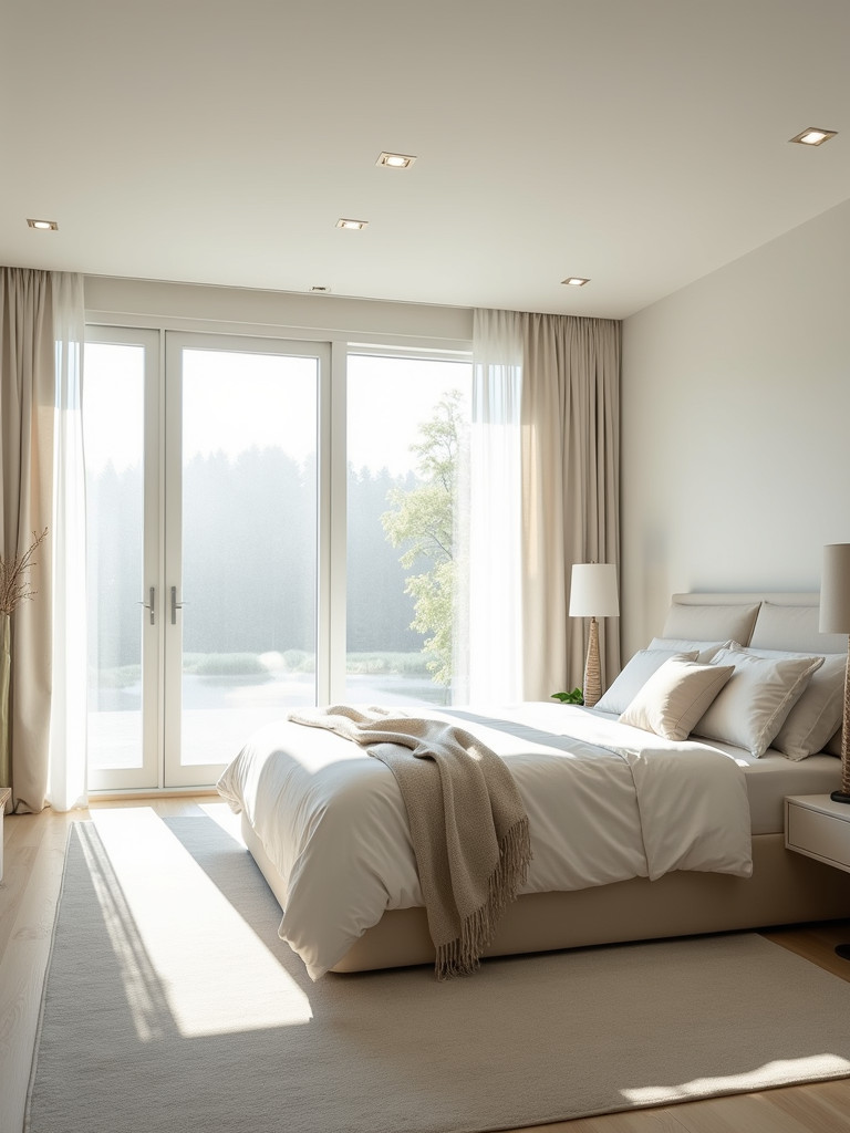 A master bedroom filled with natural light from a large window with sheer curtains, with light colored walls and minimalist decor