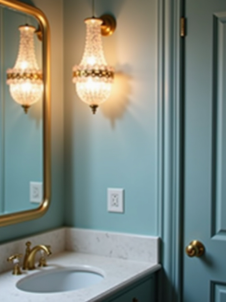 A luxurious powder room illuminated by a small, crystal chandelier