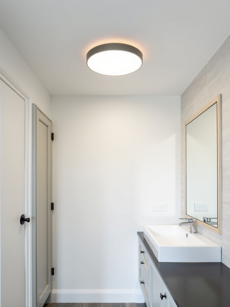Contemporary bathroom lit by a modern flush mount ceiling fixture, providing ample lighting.