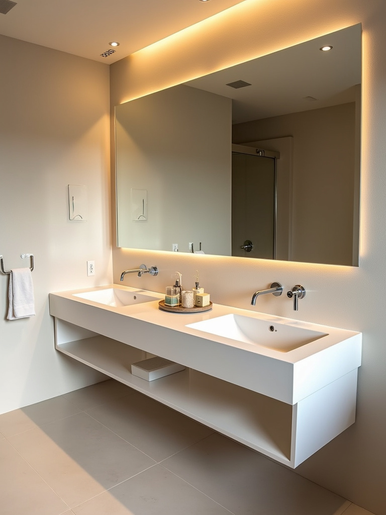 A modern minimalist bathroom featuring sleek fixtures above a long mirror