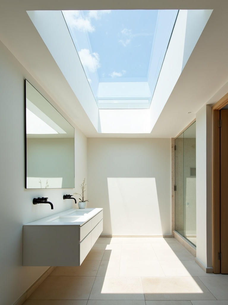 Modern bathroom featuring a large skylight bringing in abundant natural light enhancing the bathroom atmosphere.