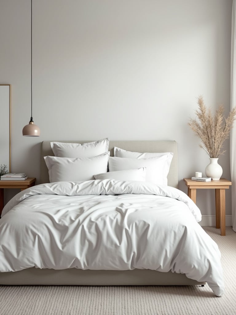 A minimalist bedroom featuring a bed with white linen bedding, soft lighting, minimal decorations, simple headboard