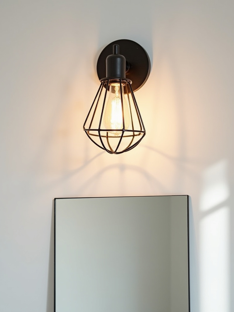 An open cage style fixture above a mirror with a warm-tone light bulb showing the exposed bulb feature