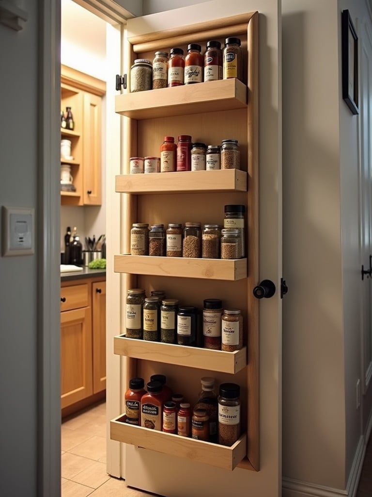 A pantry door with a storage rack filled with various spices, cans, and small bottles.