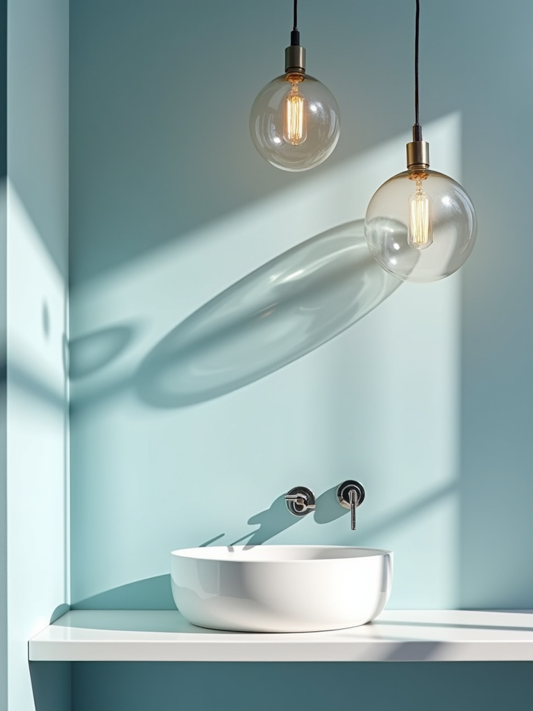 A modern bathroom featuring glass globe pendant lighting over a minimalist vanity
