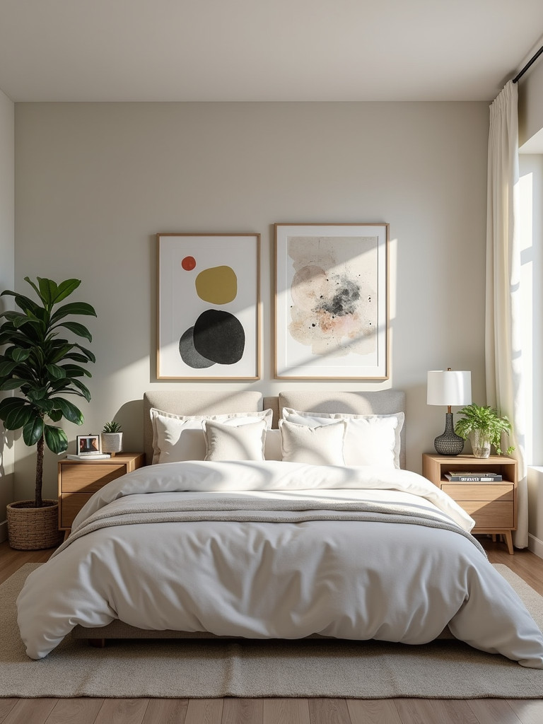 Master bedroom showcasing a mix of art pieces that create a personalized living space