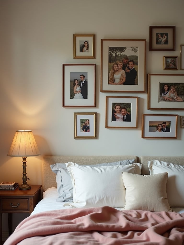 A cozy bedroom with a wall gallery of personalized photos, creating a warm and inviting atmosphere.