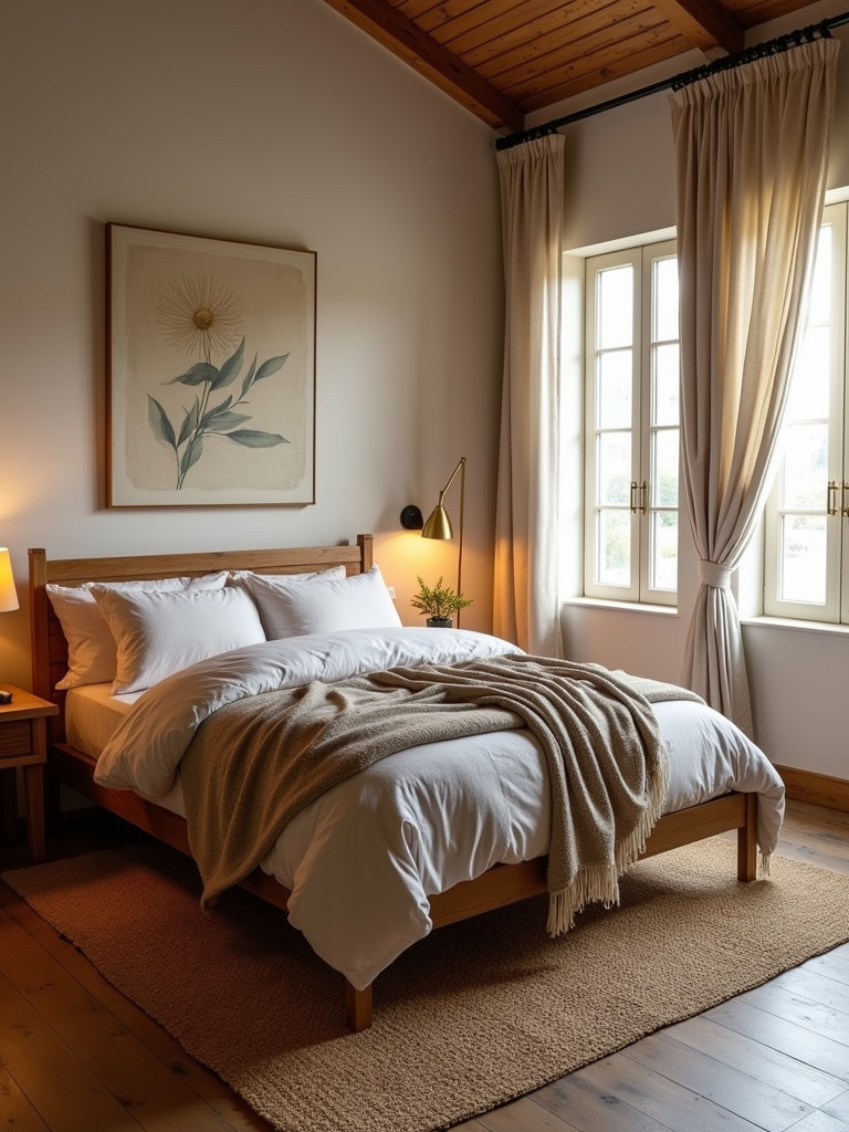 Master bedroom interior showing diverse textures including soft throws, a jute rug and wood elements that add warmth
