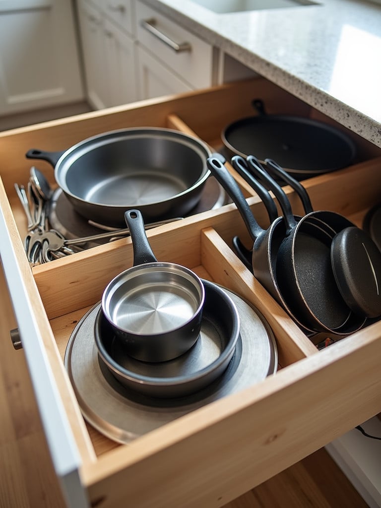 A large kitchen drawer with custom organizers displaying neatly stacked pots and pans.