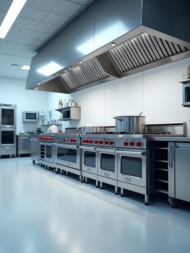 A state-of-the-art kitchen with professional-grade appliances emphasizing functionality and quality