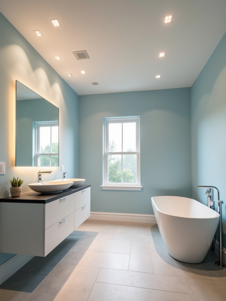 Modern bathroom lit with multiple recessed can lights creating a warm and inviting atmosphere.