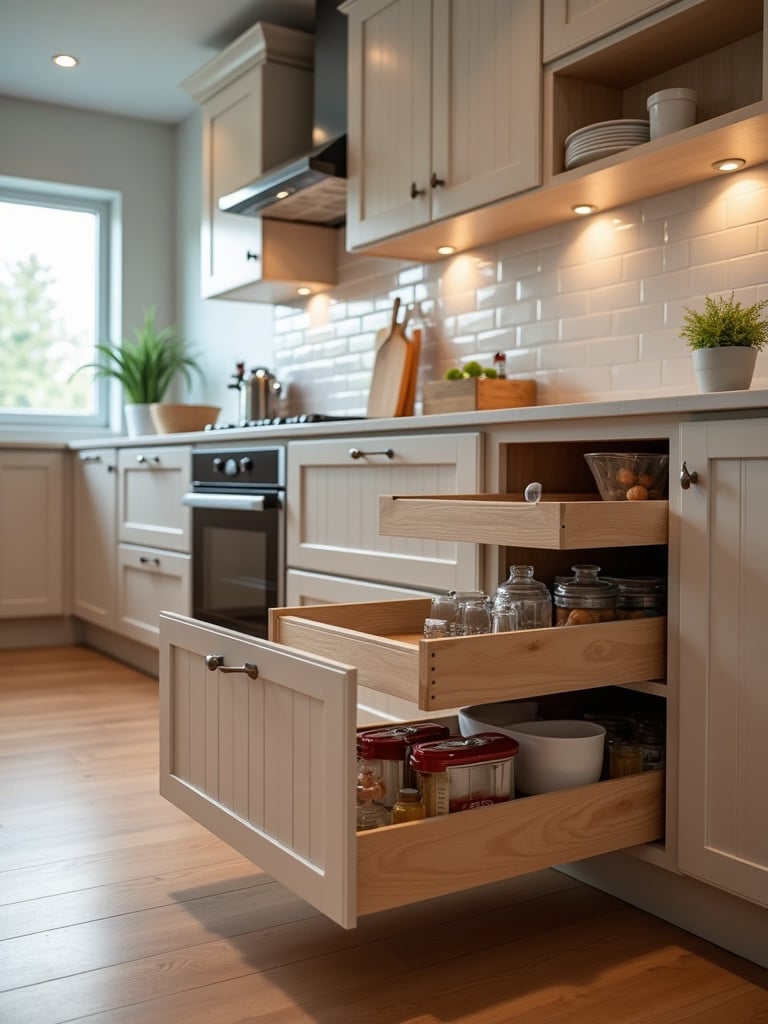 A kitchen base cabinet with multiple extended roll-out trays filled with kitchen items.