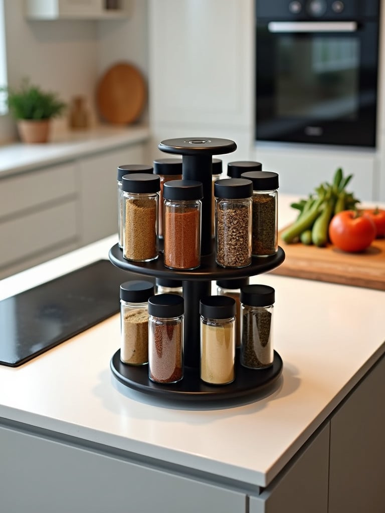 A rotating spice carousel filled with various spice jars on a kitchen counter.