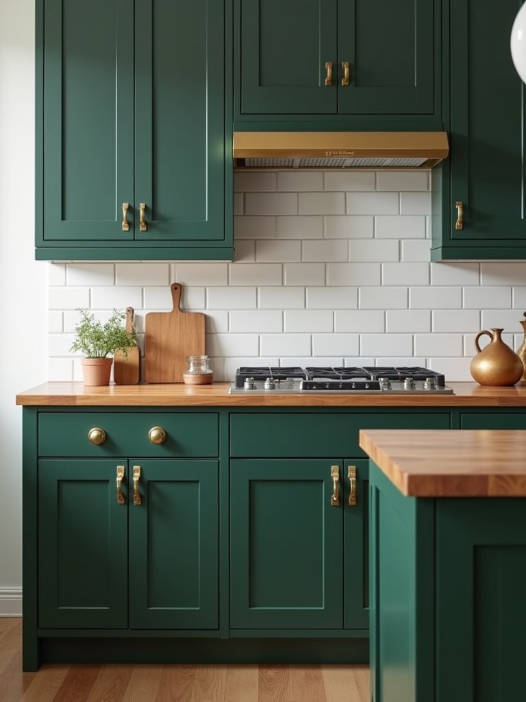Dark green farmhouse kitchen cabinets with brass hardware and light wood counter tops.