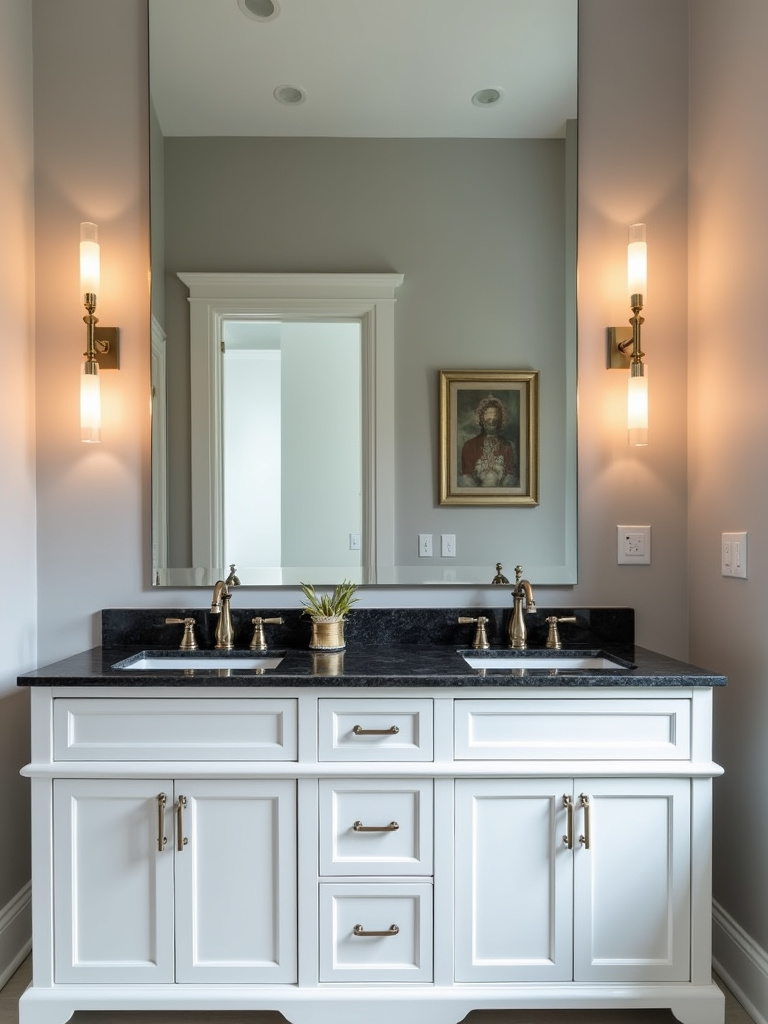 A modern bathroom with dual sconce lighting flanking a large mirror over a double sink vanity