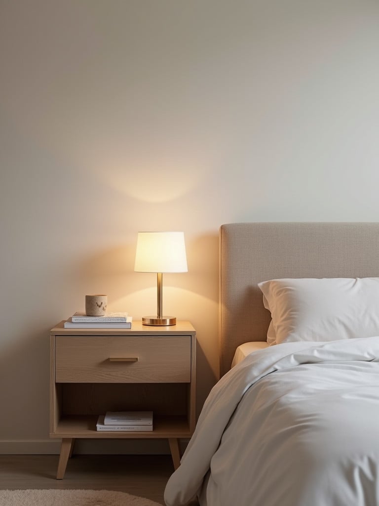 A minimalist bedroom featuring a simple nightstand next to a bed, softly lit and with a clean, uncluttered surface