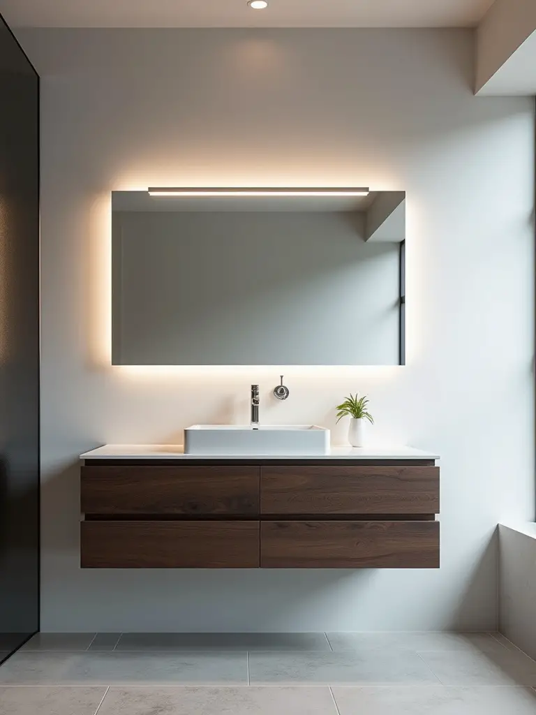 A modern bathroom vanity with a long LED light bar over the mirror providing ample lighting.