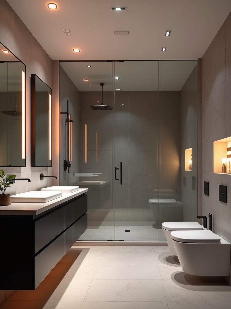 Modern bathroom with a smart lighting system with multiple fixtures controlled via a mobile app for ultimate customization.