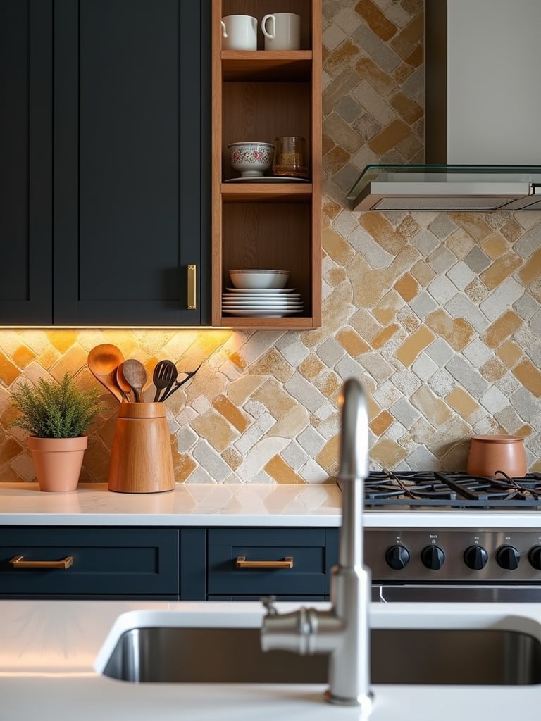 A kitchen with an impressive statement backsplash adding visual appeal to the design.