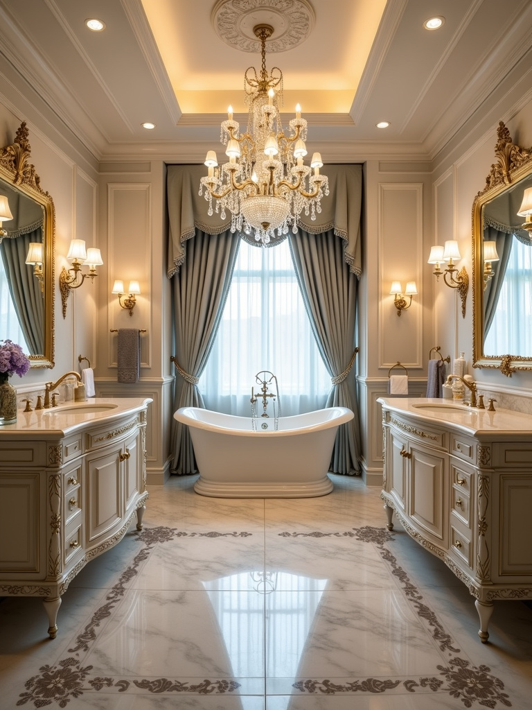Opulent bathroom featuring a crystal chandelier providing glamour and a luxurious aesthetic.