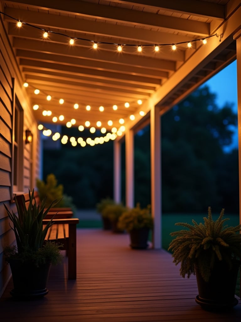 A back porch at dusk with warm string lights strung across the ceiling.