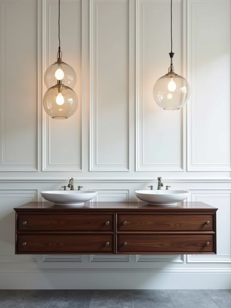 Elegant bathroom with two glass pendant lights providing soft task lighting over a modern vanity.