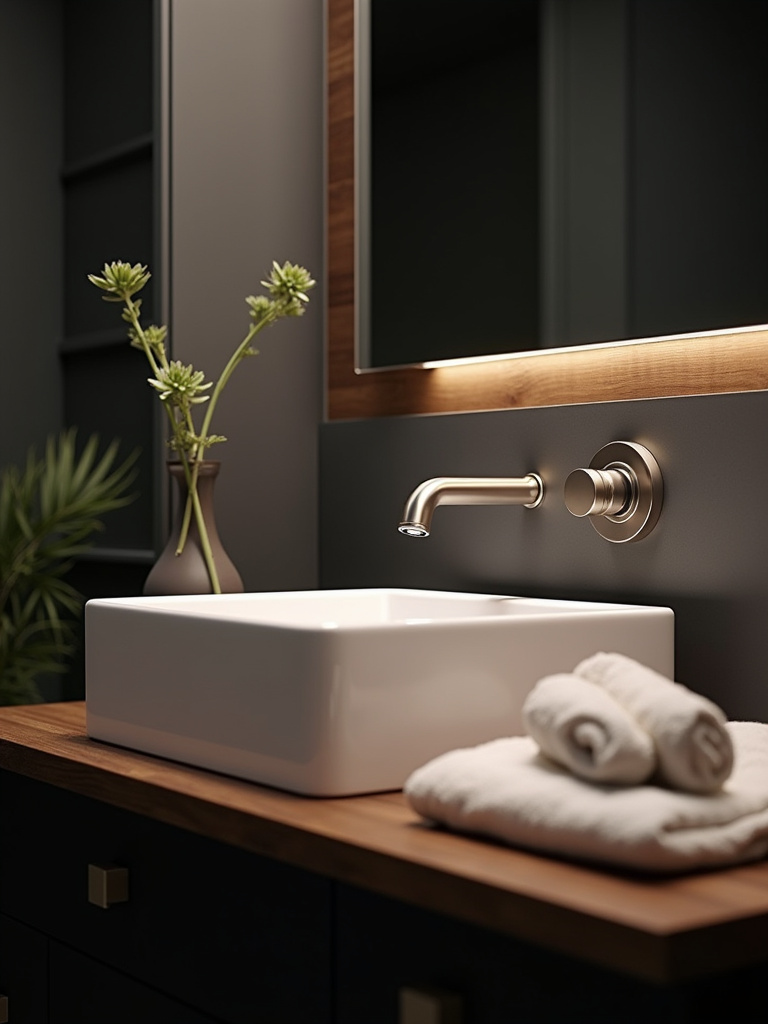 Vanity area featuring adjustable task lighting for precise illumination and improved grooming.