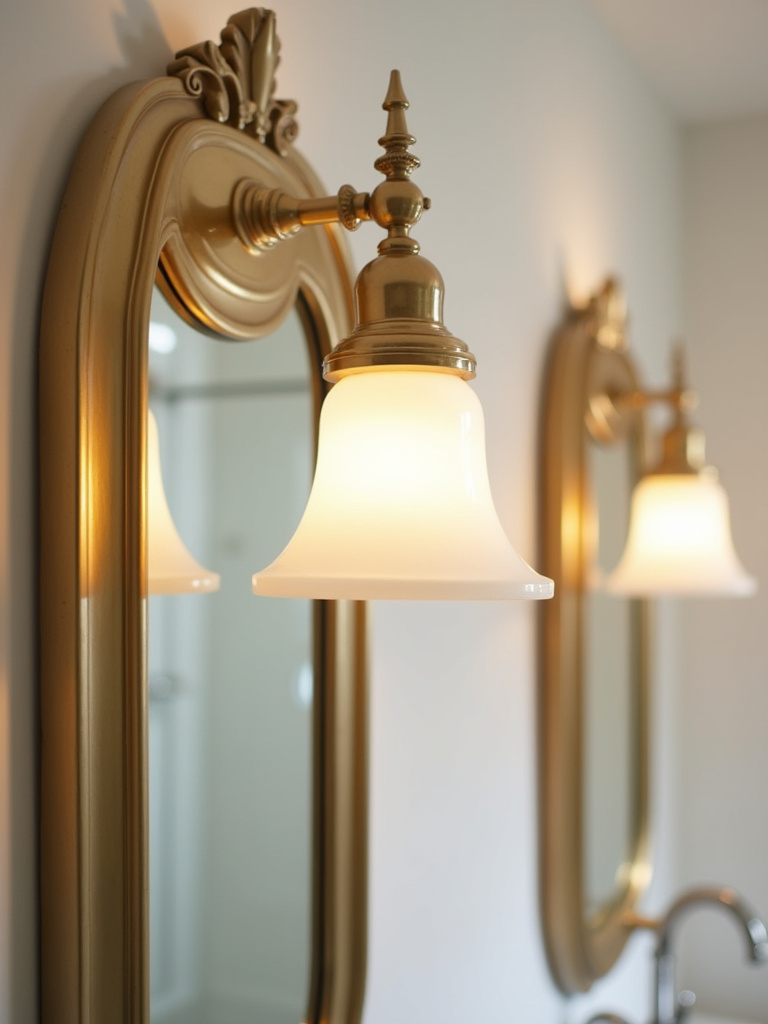 A traditional bathroom featuring polished brass vanity lights with classic shades