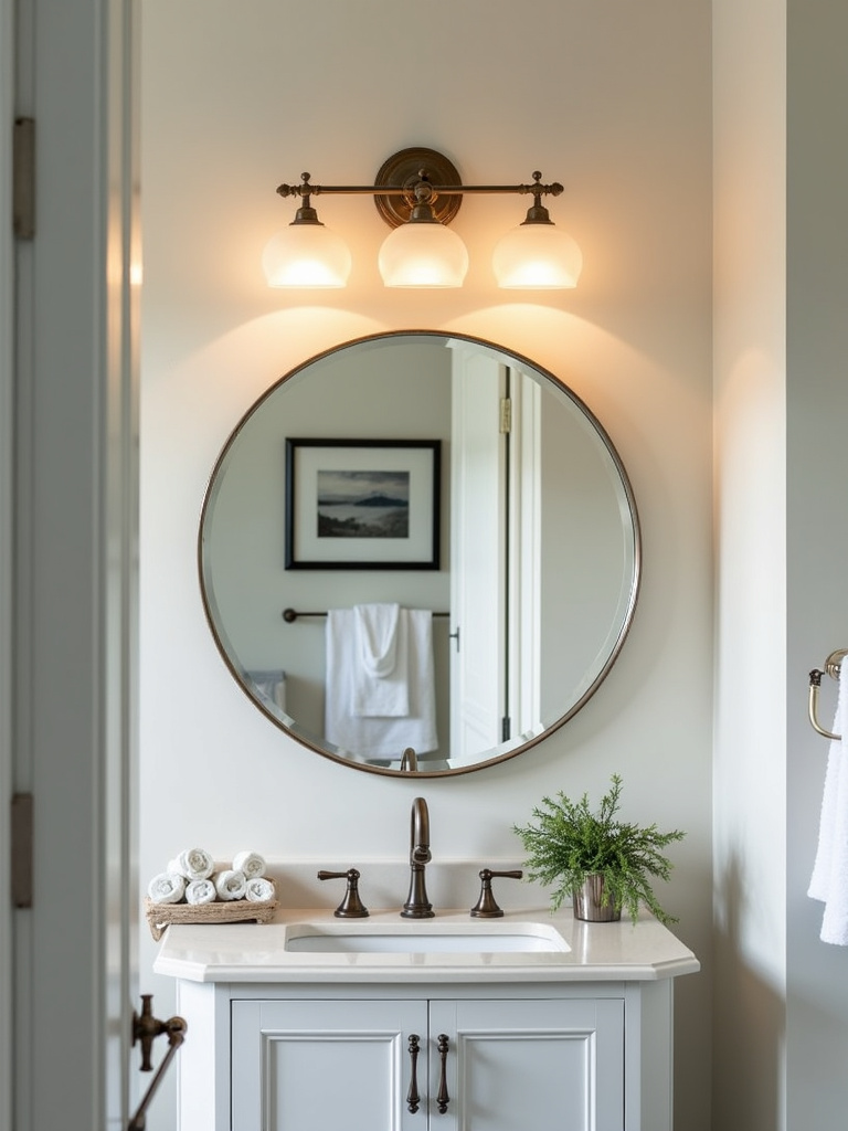 A transitional bathroom with a combination of modern and traditional style light fixtures