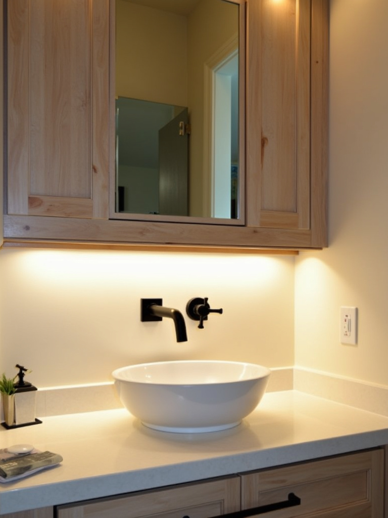 Contemporary bathroom featuring functional under-cabinet LED strip lighting that adds visual style and soft ambient light.