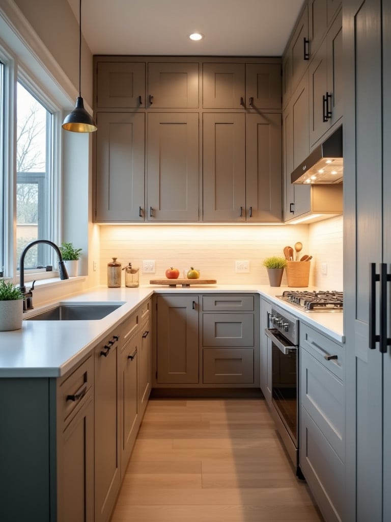 A beautiful kitchen scene with ambient under-cabinet lighting, adding warmth and style