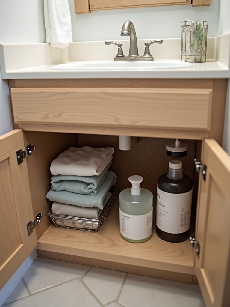A small bathroom featuring an organized under-sink storage area with a light wood vanity and soft lighting.