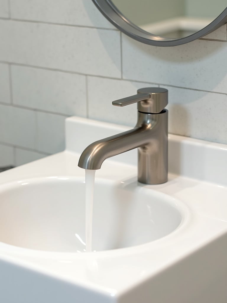 A modern brushed nickel faucet in a bathroom