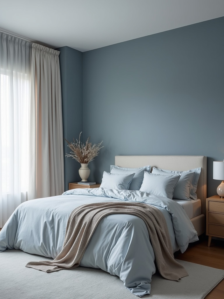 Master bedroom with a soothing color palette of blues, grays and white, creating a serene space for rest and relaxation