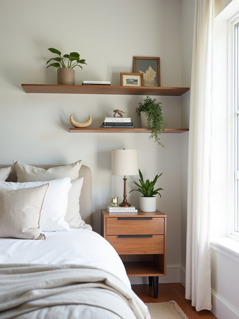 Master bedroom showing a set of floating shelves that enhance visual interest and storage