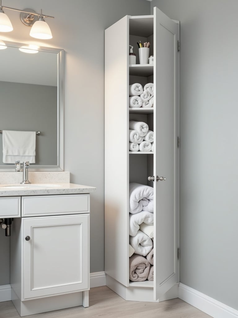 A tall white vertical storage cabinet in a small bathroom