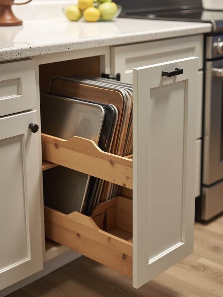 A kitchen cabinet with vertical tray dividers displaying baking sheets and cutting boards.