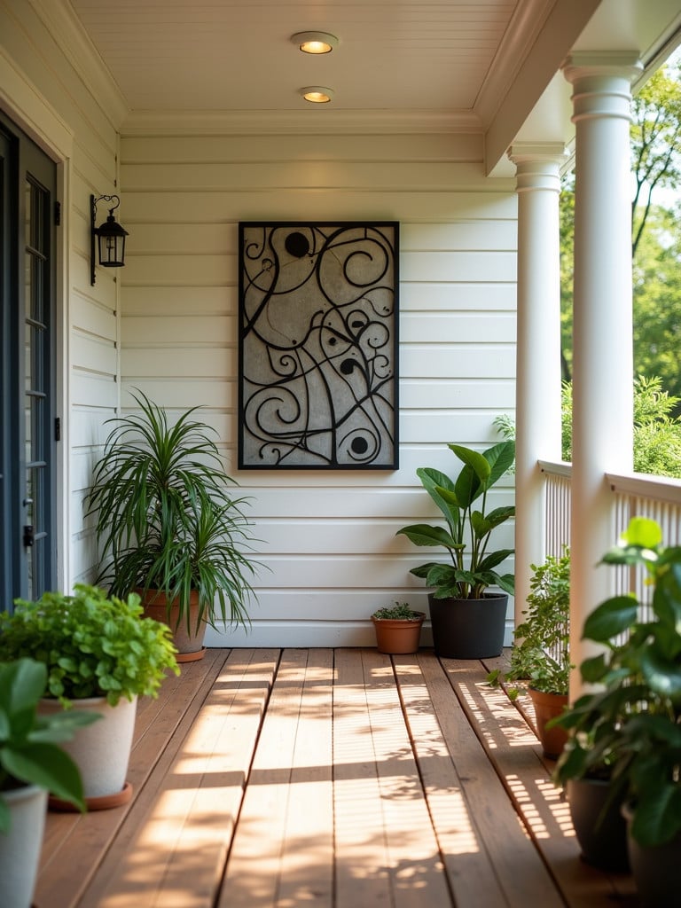 A metal abstract wall art piece on a back porch illuminated with soft natural daylight.
