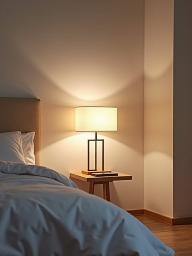 A minimalist bedroom showcasing a wall-mounted lamp with soft lighting next to a bed
