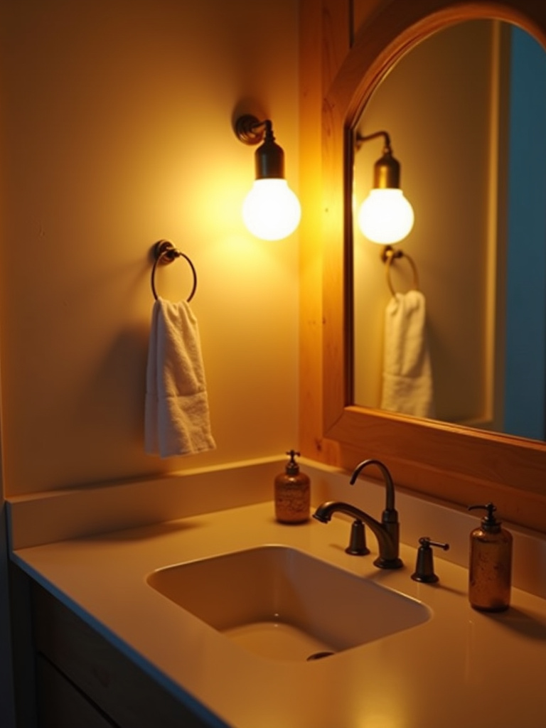 A warmly lit bathroom featuring a mirror with reflections from a soft warm-tone light bulb
