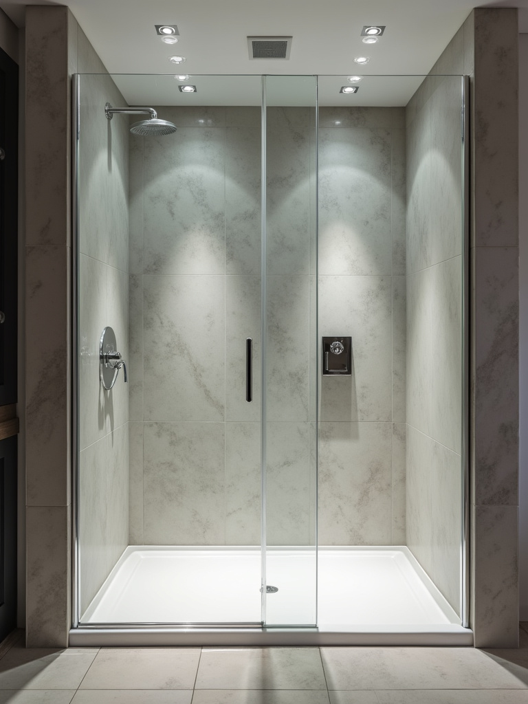 Contemporary shower area with multiple waterproof recessed lights, providing reliable light even in wet environments.