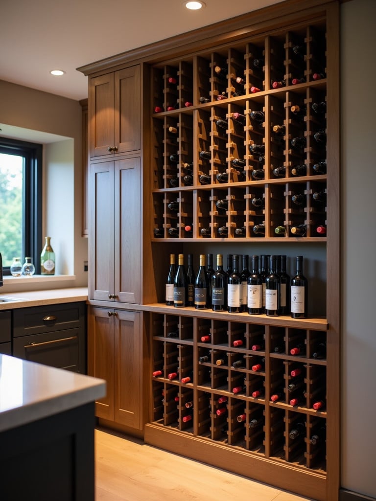 A kitchen with a built-in wine rack cabinet filled with various wine bottles.