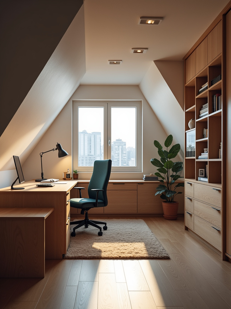 A productive attic workspace with an organized desk and natural light.