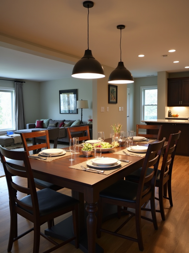Contemporary dining room with an adjustable height pendant light hanging above the dining table.