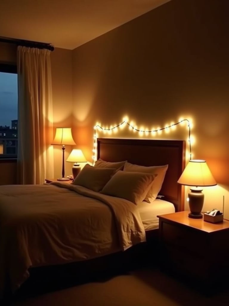 Bedroom with layered ambient lighting from table lamps, floor lamp, and string lights.