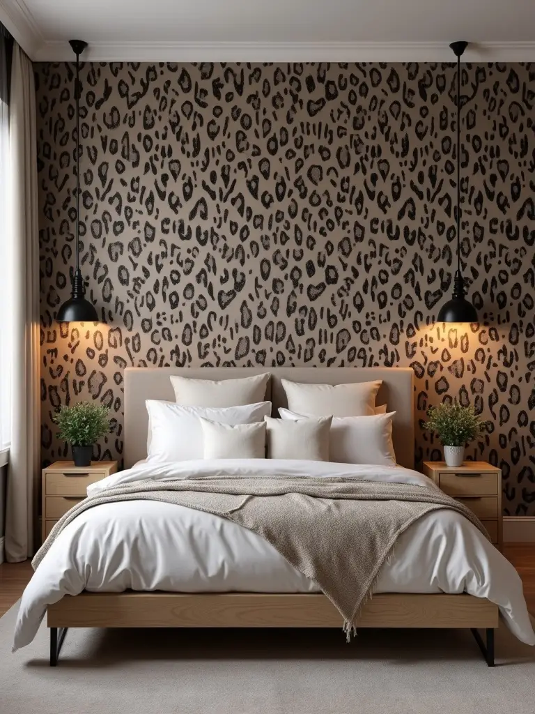 A chic bedroom that features taupe and black leopard print wallpaper, paired with a mid tone, light wood bed frame, light colored neutral bedding, and black accent lighting all bathed in natural light from the window.