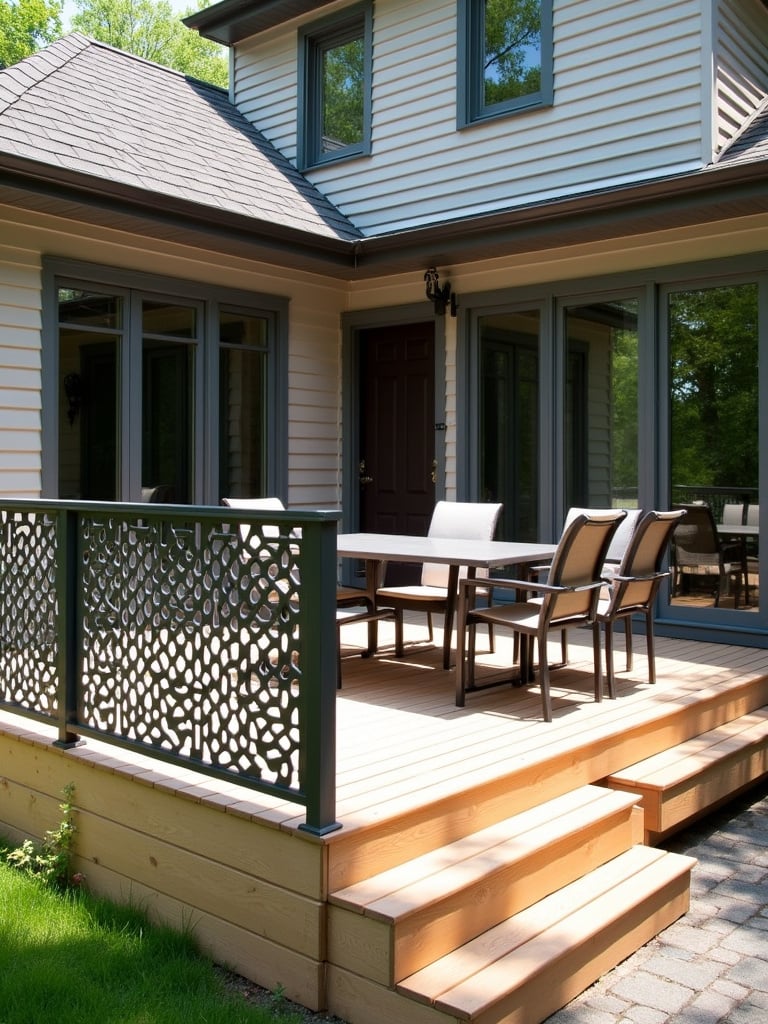 Decorative metal panel railing with a geometric laser-cut design on a modern deck.