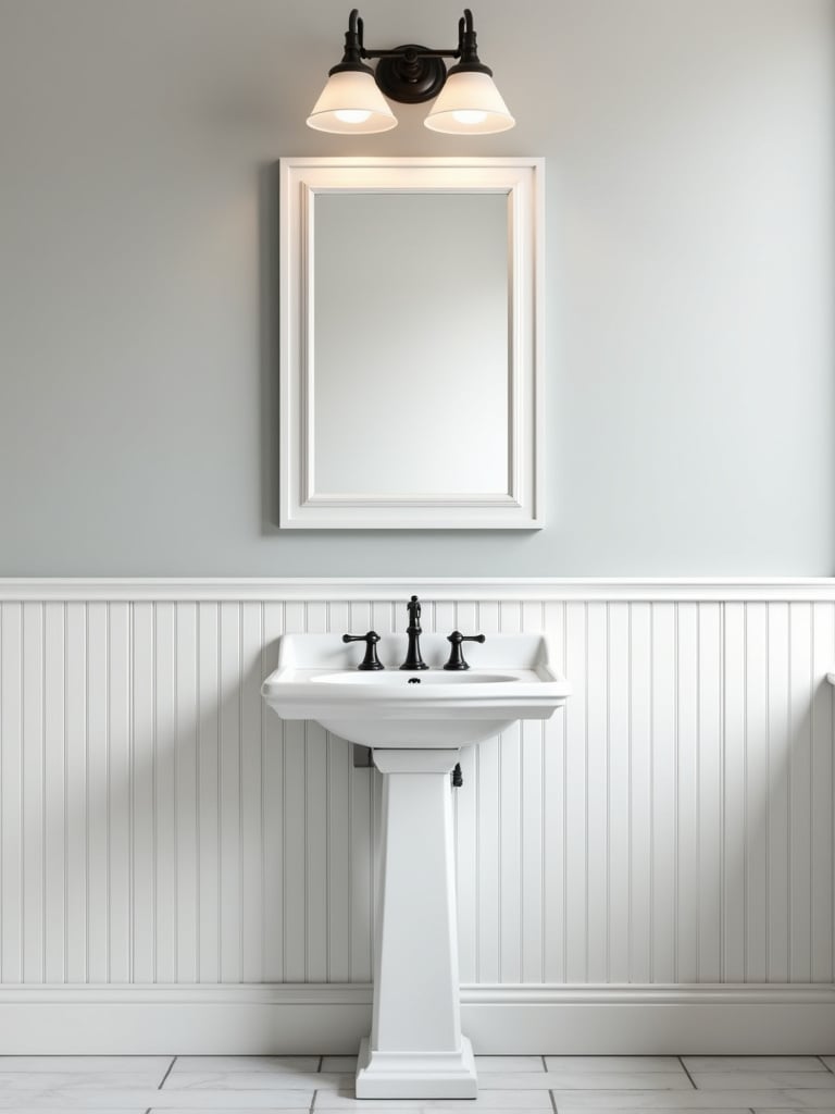 Understated farmhouse bathroom with subtle white beadboard wallpaper wainscoting for classic charm.