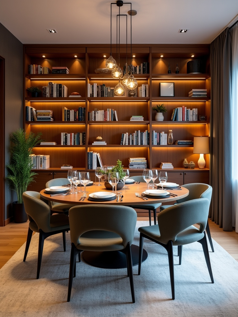 Modern eclectic dining room showcasing diverse lighting beyond a central fixture, including recessed, track, and floor lamps.