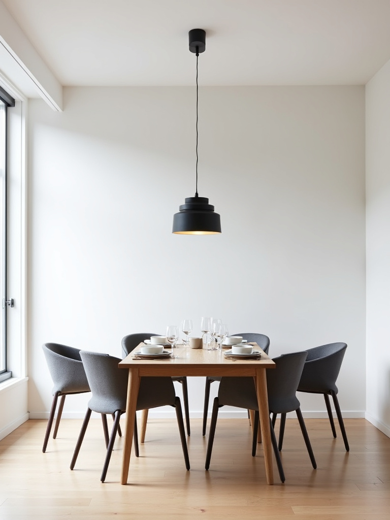 Modern minimalist dining room with a striking black geometric pendant light.